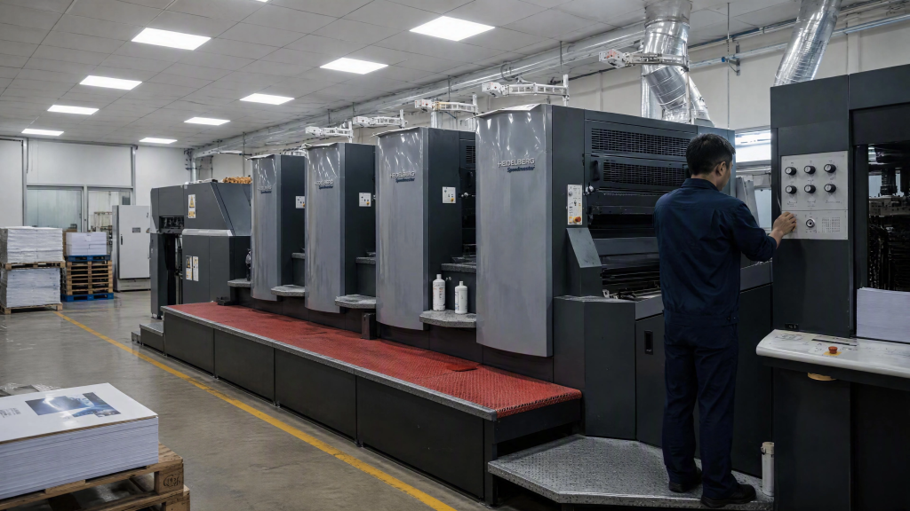 Heidelberg 5+1 offset printing machine in modern Guangzhou manufacturing plant.
