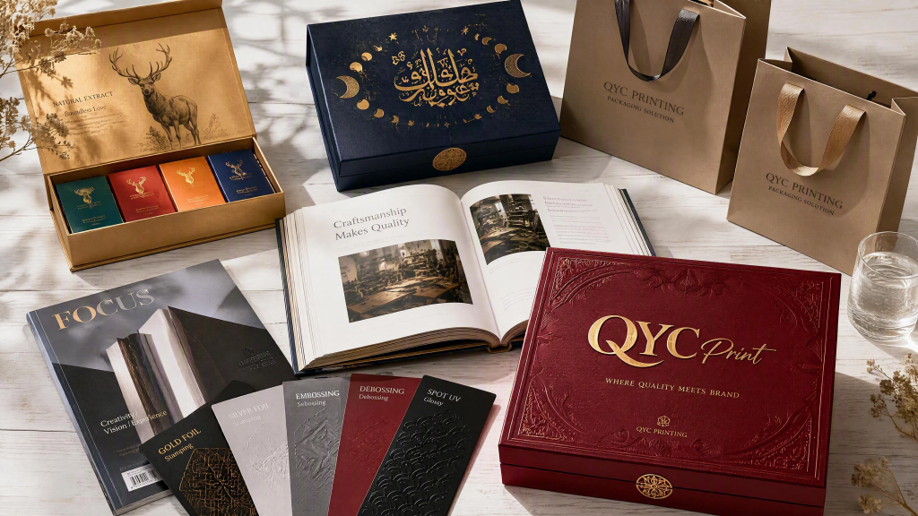 QYC Print wide product range display showcasing custom packaging boxes, books, paper bags, and printing material swatches.