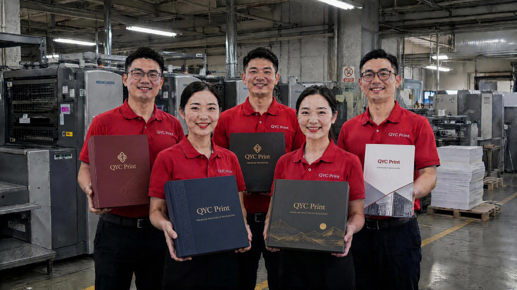 QYC Print professional manufacturing team holding premium custom packaging boxes and book samples in a bright factory setting.