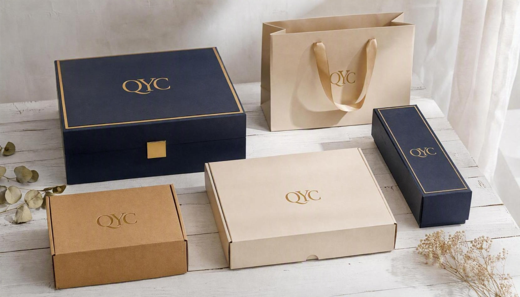 QYC Print custom packaging portfolio showing rigid boxes, folding boxes, paper bags, and single bottle packaging.