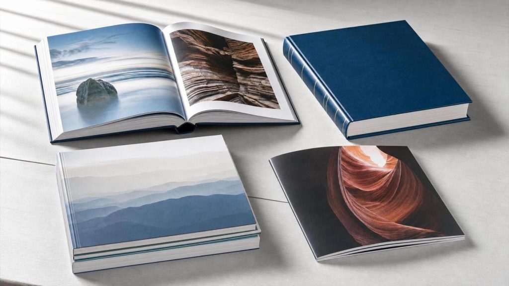 QYC Print book and catalog printing portfolio showing hardcover books, catalogs, and perfect binding samples.