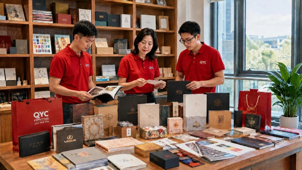QYC Print quality control team inspecting custom packaging boxes and hardcover book samples in a clean sample room.