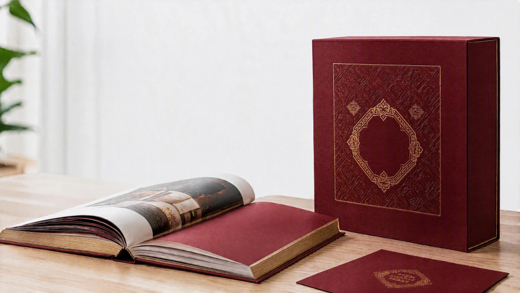 Premium red packaging box and hardcover book sample for custom printing and packaging services