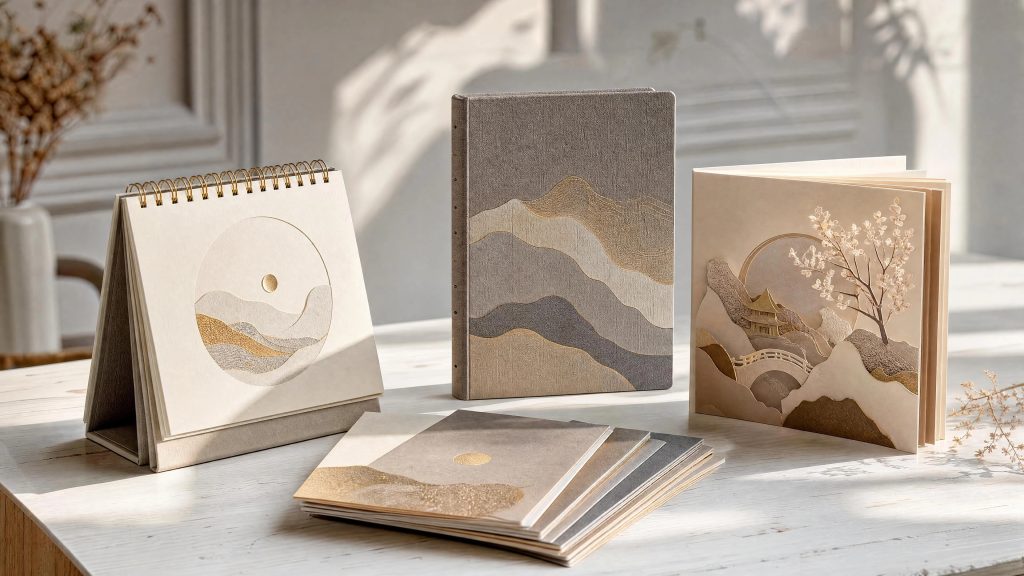 QYC Print creative gifts portfolio featuring custom notebooks, calendars, greeting cards, and paper products. 