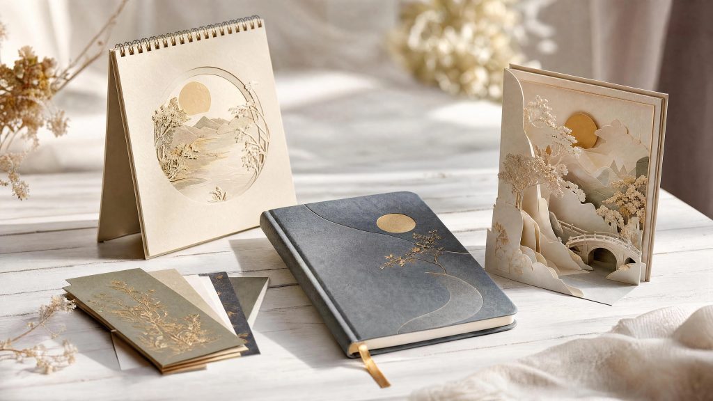 QYC Print creative gifts portfolio featuring custom notebooks, calendars, greeting cards, and paper products.
