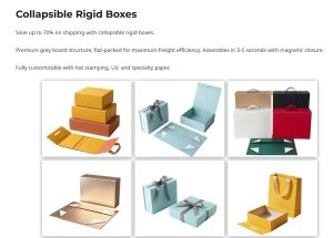 Collapsible rigid box with flat-packed and assembled states. Premium grey board and magnetic closure.