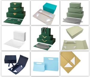Collapsible rigid box with flat-packed and assembled states. Premium grey board and magnetic closure.