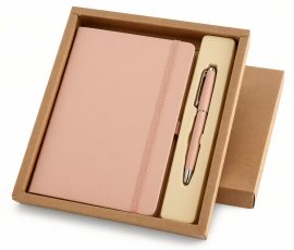 Corporate gift notebook set with custom QYC logo, leather cover, and premium packaging box.