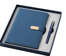 Corporate gift notebook set with custom QYC logo, leather cover, and premium packaging box.