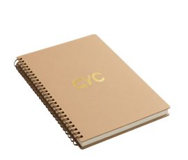 Custom eco-friendly recycled paper notebook with gold foil stamped QYC logo and YO wire binding.