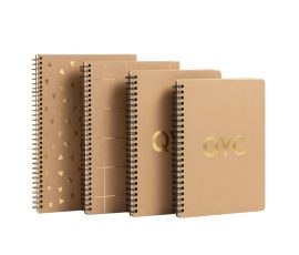 Custom eco-friendly recycled paper notebook with gold foil stamped QYC logo and YO wire binding.