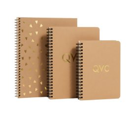 Custom eco-friendly recycled paper notebook with gold foil stamped QYC logo and YO wire binding.