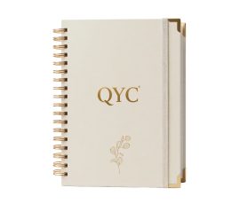 Specialty paper notebook with spot UV QYC logo, premium corporate gift.