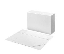Collapsible rigid box with flat-packed and assembled states. Premium grey board and magnetic closure.
