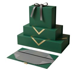 Collapsible rigid box with flat-packed and assembled states. Premium grey board and magnetic closure.