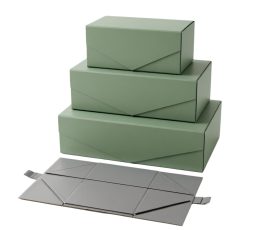 Collapsible rigid box with flat-packed and assembled states. Premium grey board and magnetic closure.