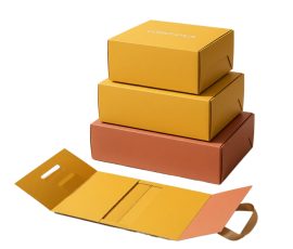 Collapsible rigid box with flat-packed and assembled states. Premium grey board and magnetic closure.