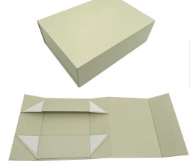 Collapsible rigid box with flat-packed and assembled states. Premium grey board and magnetic closure.